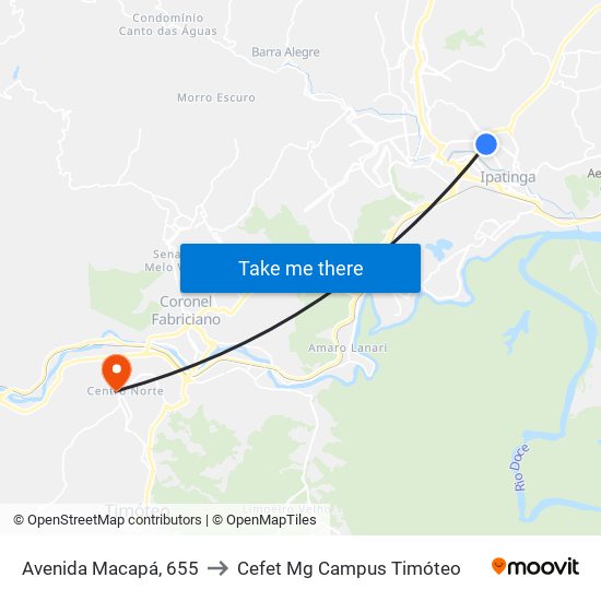 Avenida Macapá, 655 to Cefet Mg Campus Timóteo map