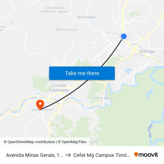 Avenida Minas Gerais, 143 to Cefet Mg Campus Timóteo map