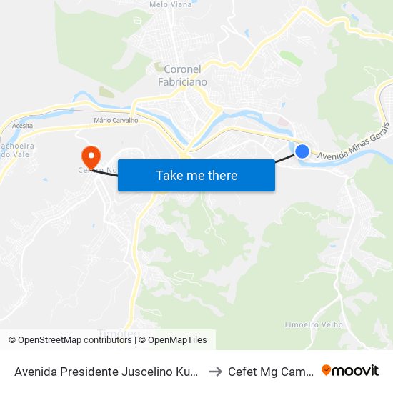 Avenida Presidente Juscelino Kubitscheck De Oliveira, 209 to Cefet Mg Campus Timóteo map