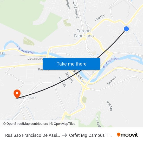 Rua São Francisco De Assis, 178 to Cefet Mg Campus Timóteo map