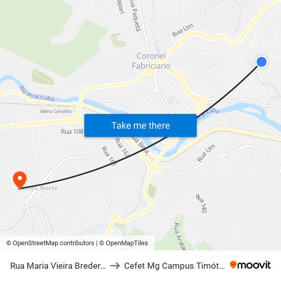 Rua Maria Vieira Breder, 5 to Cefet Mg Campus Timóteo map