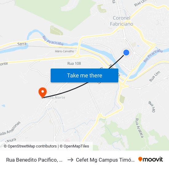 Rua Benedito Pacífico, 361 to Cefet Mg Campus Timóteo map