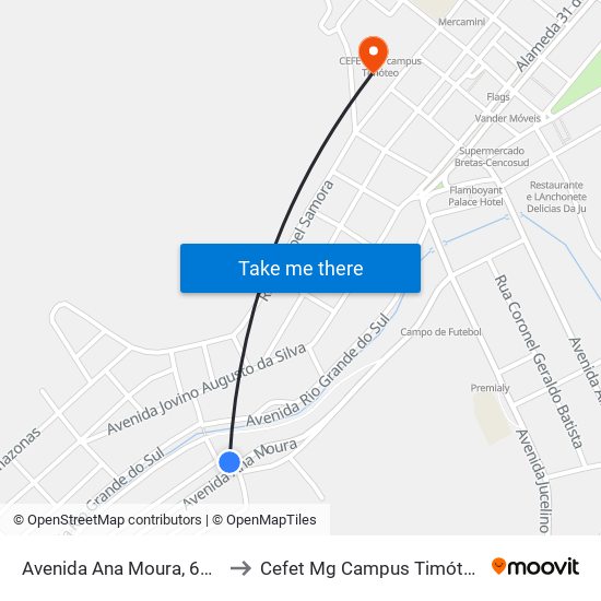 Avenida Ana Moura, 600 to Cefet Mg Campus Timóteo map