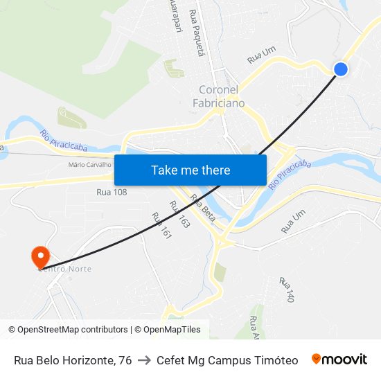Rua Belo Horizonte, 76 to Cefet Mg Campus Timóteo map