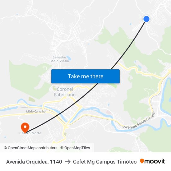 Avenida Orquídea, 1140 to Cefet Mg Campus Timóteo map