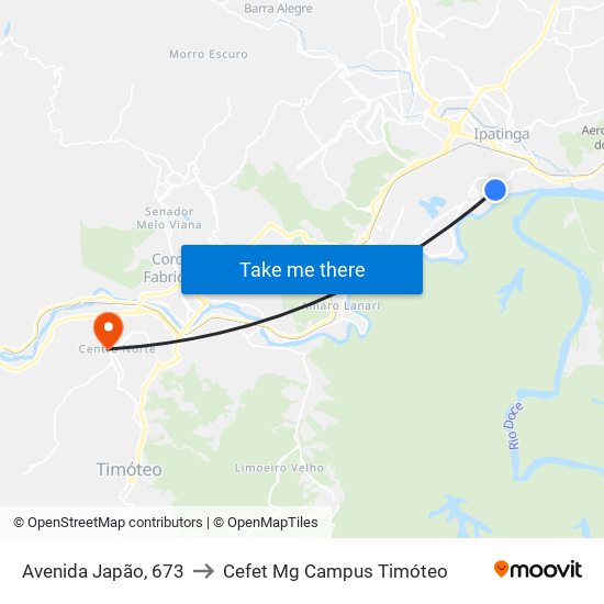 Avenida Japão, 673 to Cefet Mg Campus Timóteo map