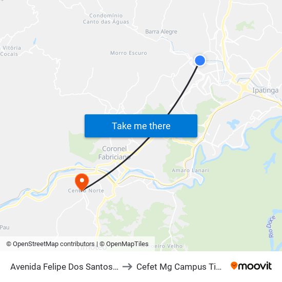 Avenida Felipe Dos Santos, 1038 to Cefet Mg Campus Timóteo map