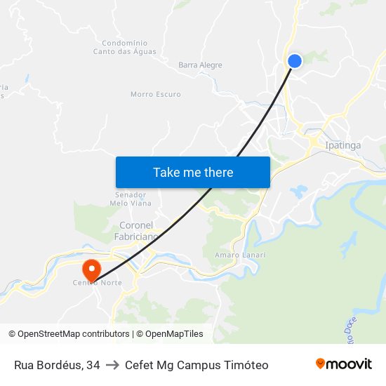 Rua Bordéus, 34 to Cefet Mg Campus Timóteo map