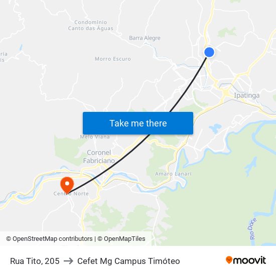 Rua Tito, 205 to Cefet Mg Campus Timóteo map