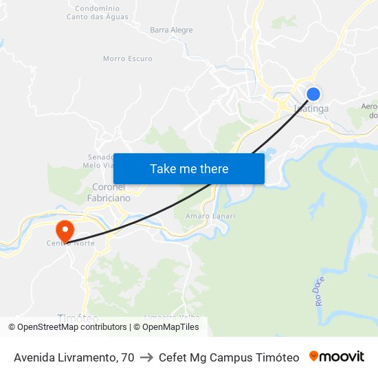 Avenida Livramento, 70 to Cefet Mg Campus Timóteo map