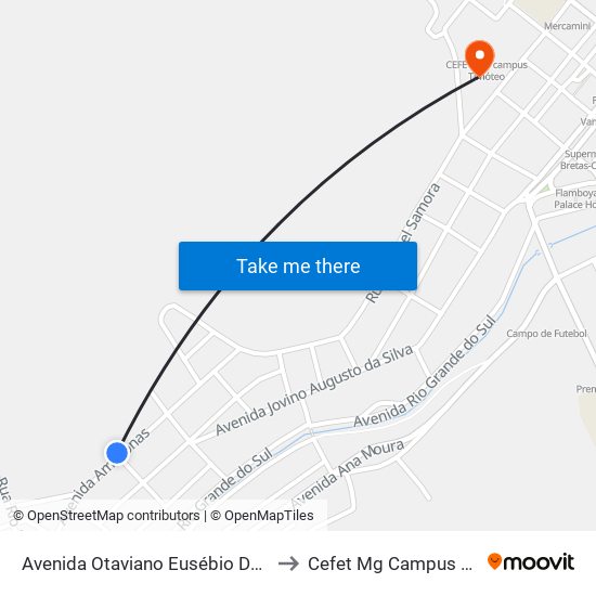 Avenida Otaviano Eusébio Da Rocha, 36 to Cefet Mg Campus Timóteo map