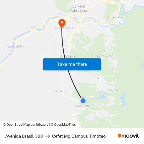 Avenida Brasil, 500 to Cefet Mg Campus Timóteo map