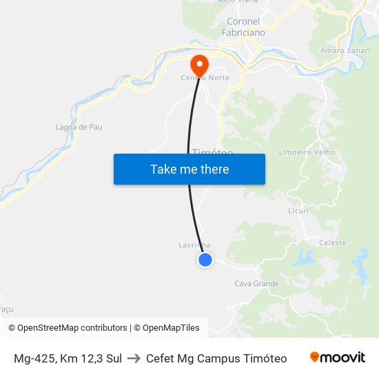 Mg-425, Km 12,3 Sul to Cefet Mg Campus Timóteo map