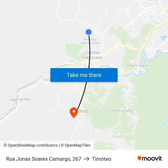 Rua Jonas Soares Camargo, 267 to Timóteo map