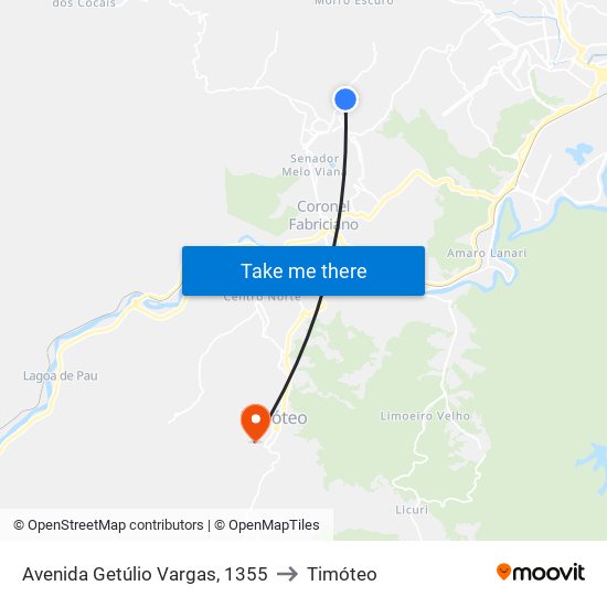 Avenida Getúlio Vargas, 1355 to Timóteo map