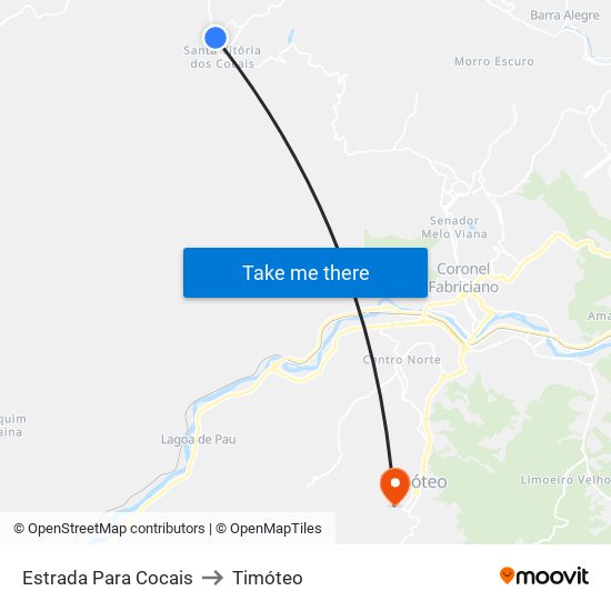 Estrada Para Cocais to Timóteo map