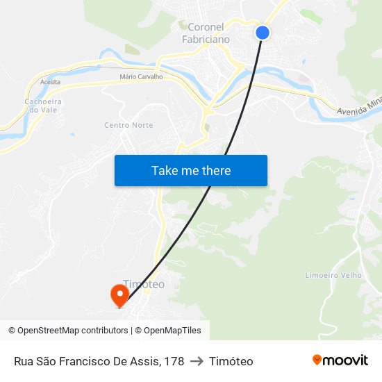 Rua São Francisco De Assis, 178 to Timóteo map