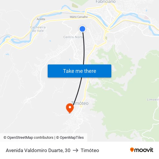 Avenida Valdomiro Duarte, 30 to Timóteo map