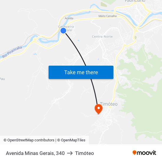 Avenida Minas Gerais, 340 to Timóteo map