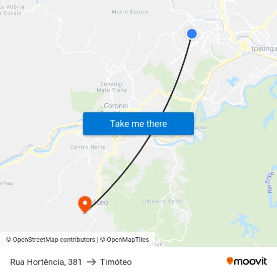 Rua Hortência, 381 to Timóteo map