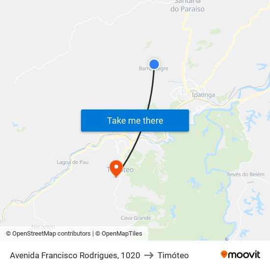 Avenida Francisco Rodrigues, 1020 to Timóteo map