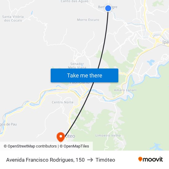 Avenida Francisco Rodrigues, 150 to Timóteo map