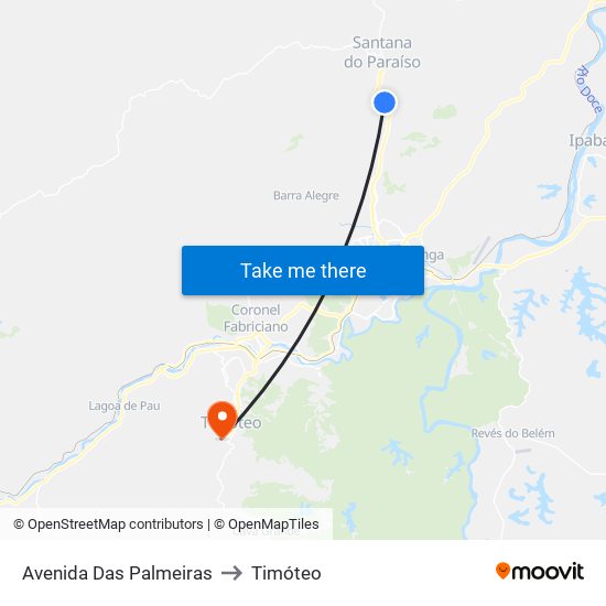 Avenida Das Palmeiras to Timóteo map