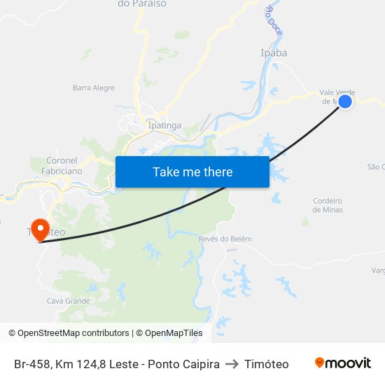 Br-458, Km 124,8 Leste - Ponto Caipira to Timóteo map