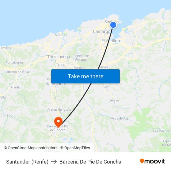 Santander (Renfe) to Bárcena De Pie De Concha map