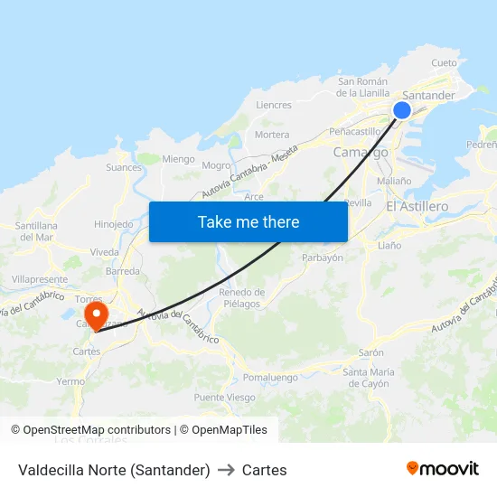 Valdecilla Norte (Santander) to Cartes map