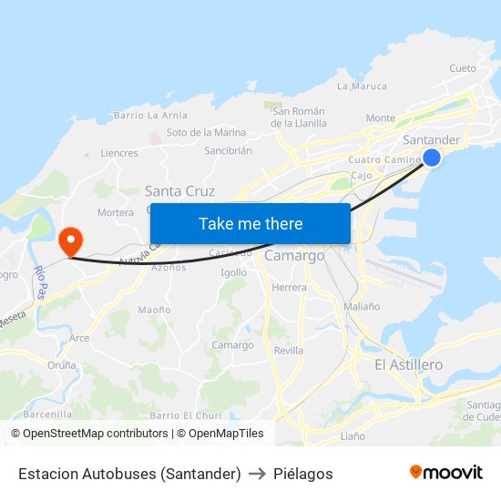 Estacion Autobuses (Santander) to Piélagos map