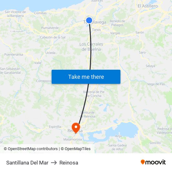 Santillana Del Mar to Reinosa map