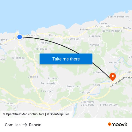 Comillas to Reocín map