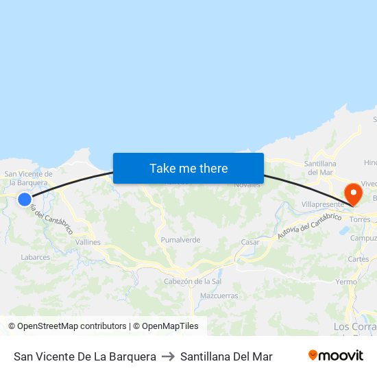 San Vicente De La Barquera to Santillana Del Mar map