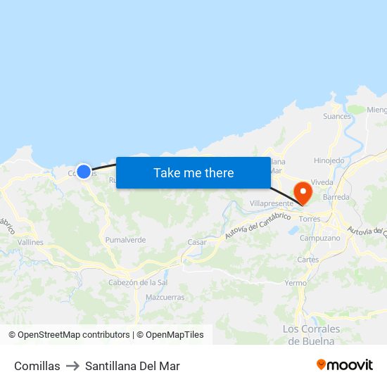 Comillas to Santillana Del Mar map