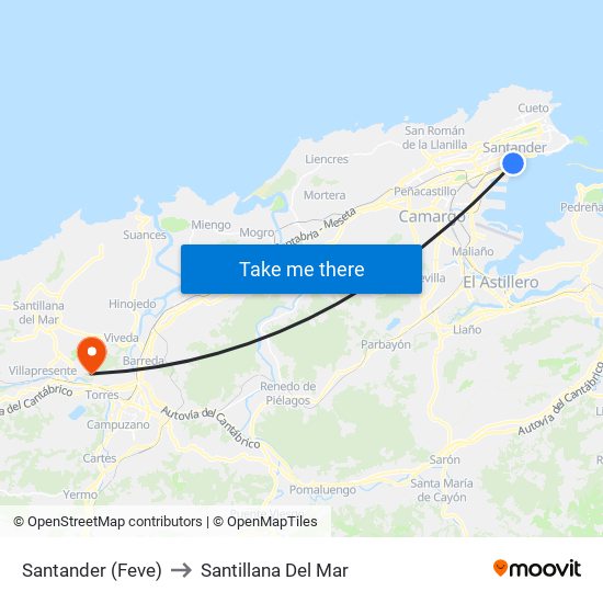 Santander (Feve) to Santillana Del Mar map