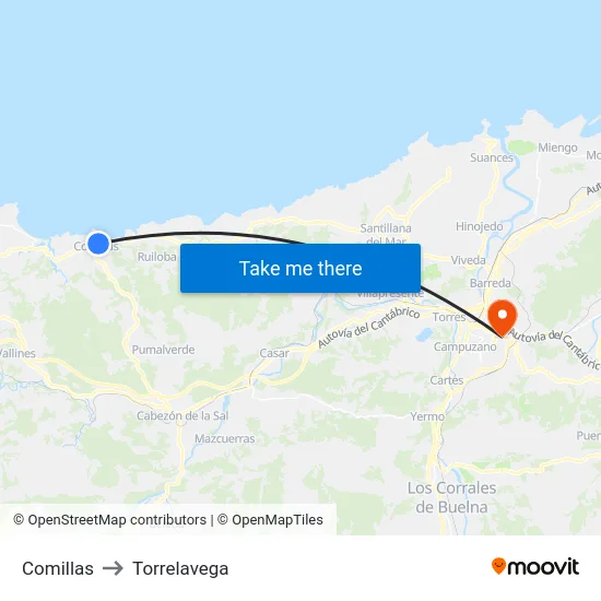 Comillas to Torrelavega map