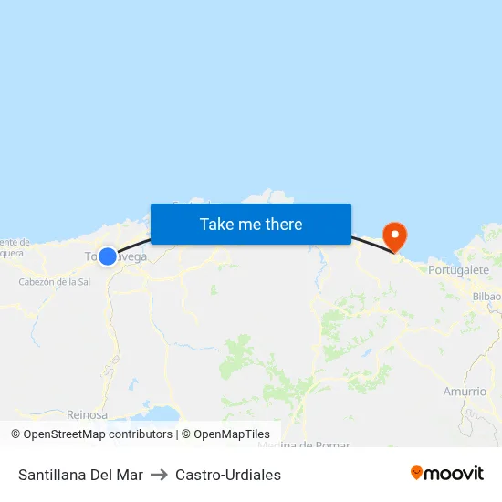 Santillana Del Mar to Castro-Urdiales map