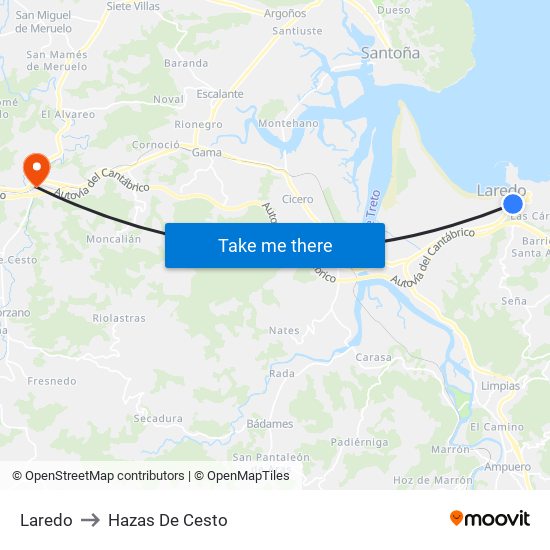 Laredo to Hazas De Cesto map