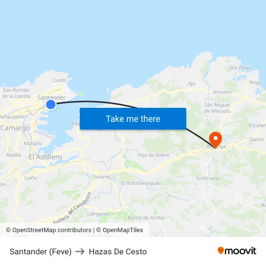 Santander (Feve) to Hazas De Cesto map
