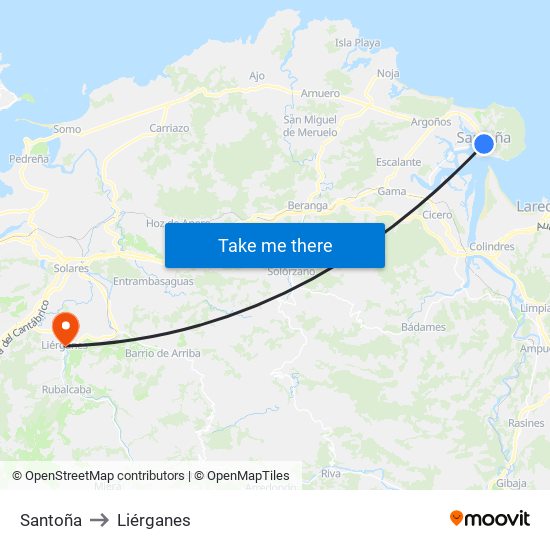 Santoña to Liérganes map