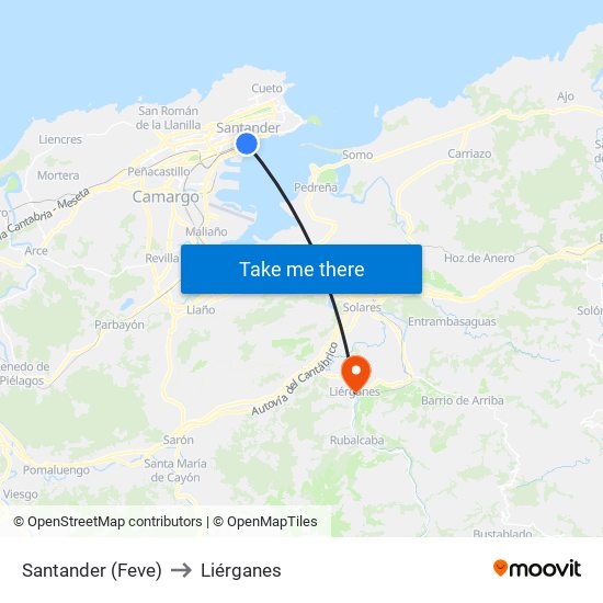 Santander (Feve) to Liérganes map