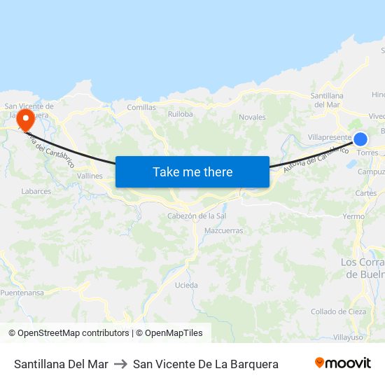 Santillana Del Mar to San Vicente De La Barquera map