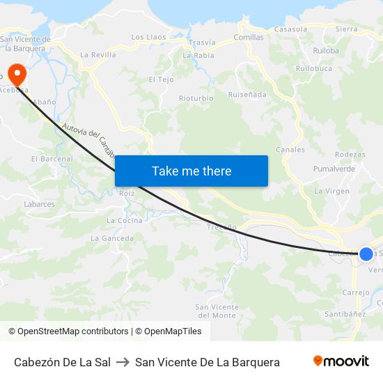 Cabezón De La Sal to San Vicente De La Barquera map