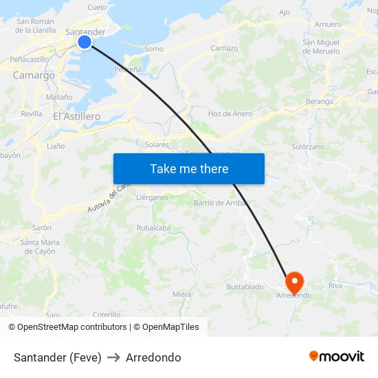 Santander (Feve) to Arredondo map