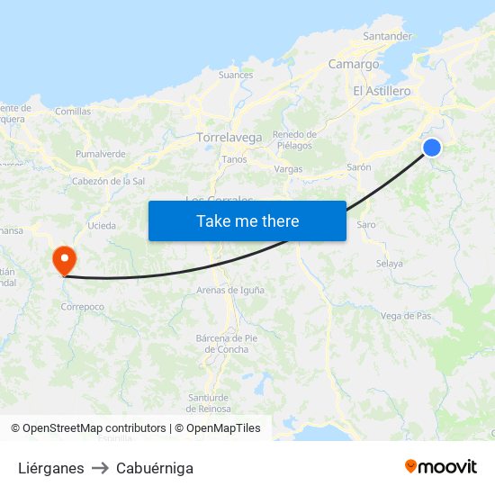 Liérganes to Cabuérniga map