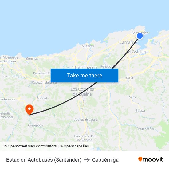 Estacion Autobuses (Santander) to Cabuérniga map