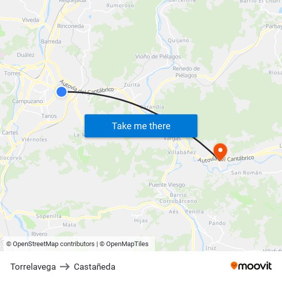 Torrelavega to Castañeda map