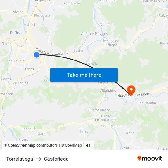 Torrelavega to Castañeda map