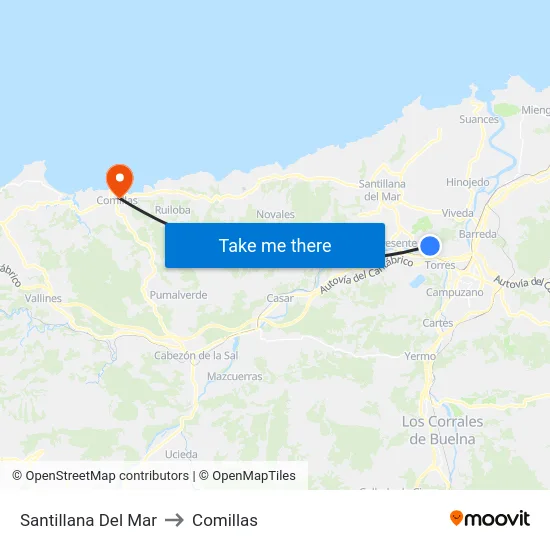 Santillana Del Mar to Comillas map